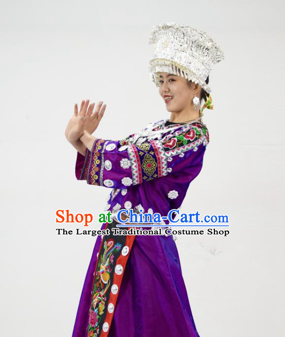 Chinese Ethnic Festival Garment Outfits Miao Nationality Clothing Hmong Minority Folk Dance Purple Dress and Silver Jewelry