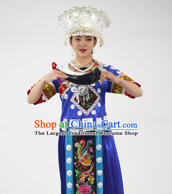 Chinese Hmong Minority Folk Dance Royalblue Dress Ethnic Festival Garment Outfits Miao Nationality Clothing and Silver Headwear