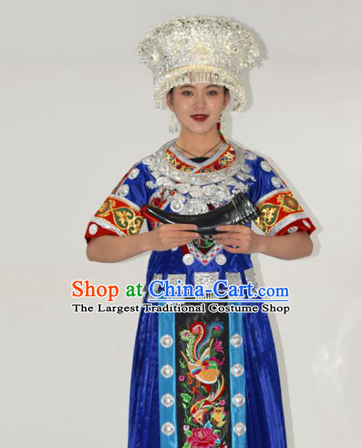 Chinese Hmong Minority Folk Dance Royalblue Dress Ethnic Festival Garment Outfits Miao Nationality Clothing and Silver Headwear