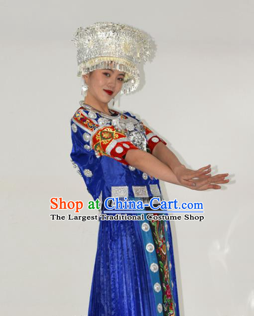 Chinese Hmong Minority Folk Dance Royalblue Dress Ethnic Festival Garment Outfits Miao Nationality Clothing and Silver Headwear