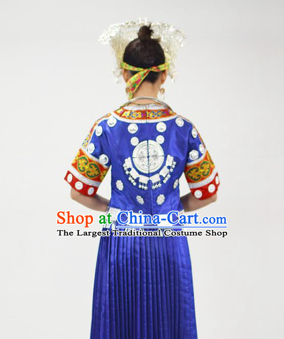 Chinese Hmong Minority Folk Dance Royalblue Dress Ethnic Festival Garment Outfits Miao Nationality Clothing and Silver Headwear