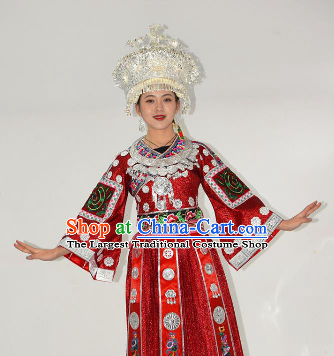 Chinese Miao Nationality Bride Clothing Hmong Minority Red Dress Ethnic Wedding Garment Outfits and Silver Hat