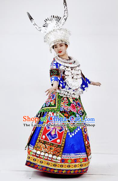 Chinese Ethnic Festival Garment Outfits Miao Nationality Bride Clothing Hmong Minority Royalblue Dress and Silver Headdress