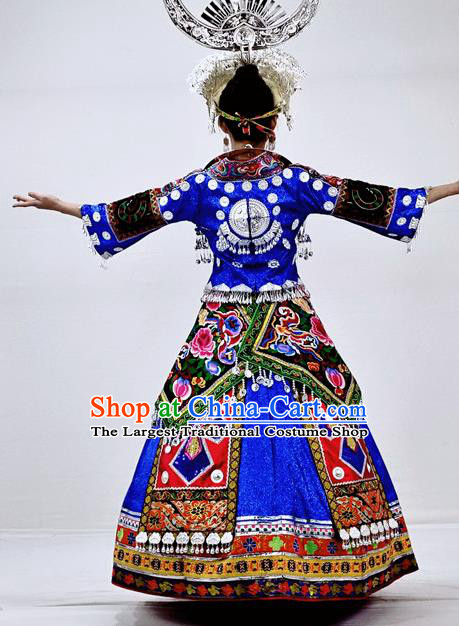 Chinese Ethnic Festival Garment Outfits Miao Nationality Bride Clothing Hmong Minority Royalblue Dress and Silver Headdress