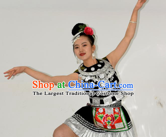 Chinese Miao Minority Dance Black Short Dress Outfits Ethnic Garment Dong Nationality Stage Performance Clothing and Headpieces