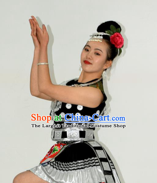 Chinese Miao Minority Dance Black Short Dress Outfits Ethnic Garment Dong Nationality Stage Performance Clothing and Headpieces