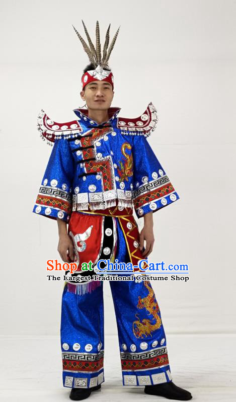 China Traditional Hmong Ethnic Male Dance Clothing Miao Nationality Festival Performance Blue Garment Costume and Feather Headwear