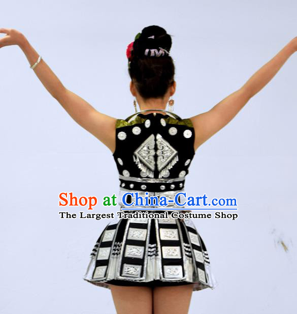 Chinese Miao Minority Dance Black Short Dress Outfits Ethnic Garment Dong Nationality Stage Performance Clothing and Headpieces