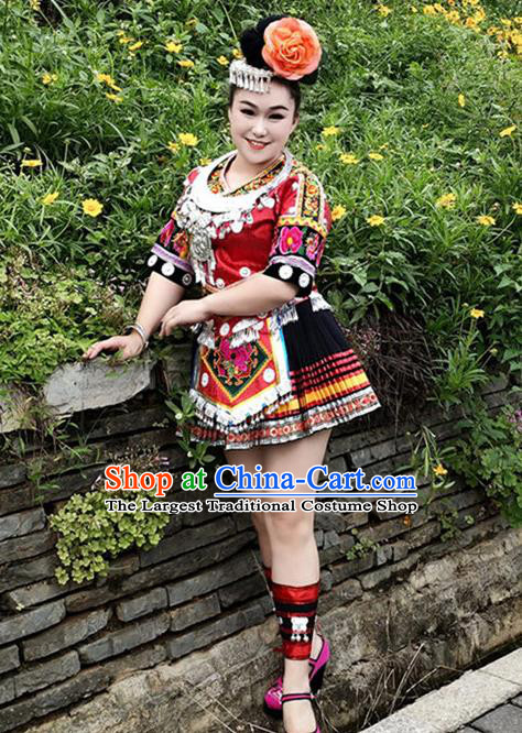 Chinese Ethnic Folk Dance Garment Outfits Miao Nationality Performance Clothing Xiangxi Minority Red Short Dress