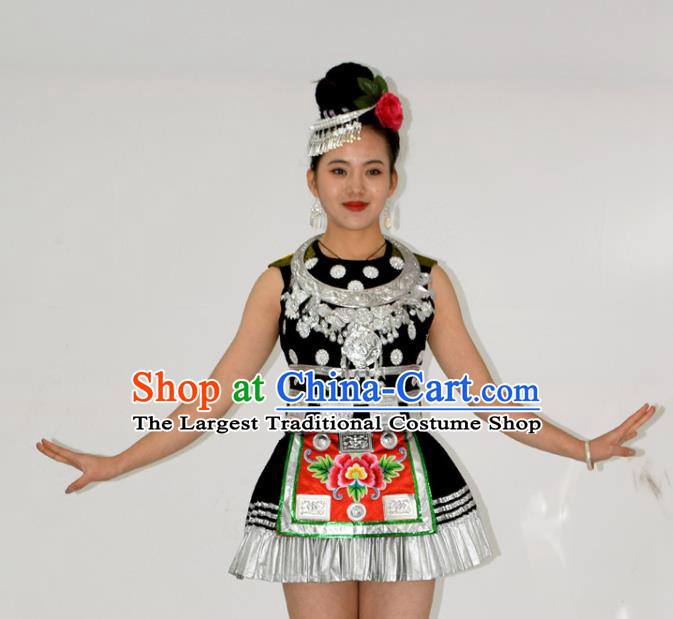 Chinese Miao Minority Dance Black Short Dress Outfits Ethnic Garment Dong Nationality Stage Performance Clothing and Headpieces