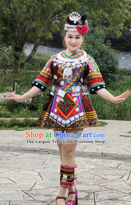 Chinese Miao Nationality Female Clothing Hmong Minority Brownish Red Short Dress Ethnic Stage Performance Garment Outfits