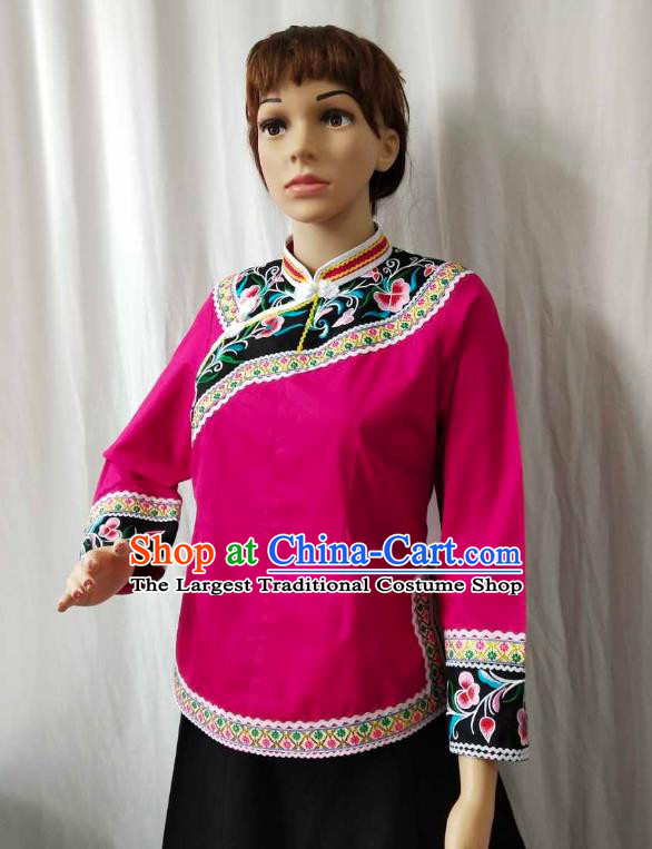 Chinese Bouyei Minority Embroidered Rosy Shirt Guizhou Ethnic Woman Upper Outer Garment Puyi Nationality Blouse Clothing