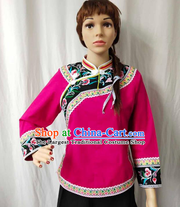 Chinese Bouyei Minority Embroidered Rosy Shirt Guizhou Ethnic Woman Upper Outer Garment Puyi Nationality Blouse Clothing