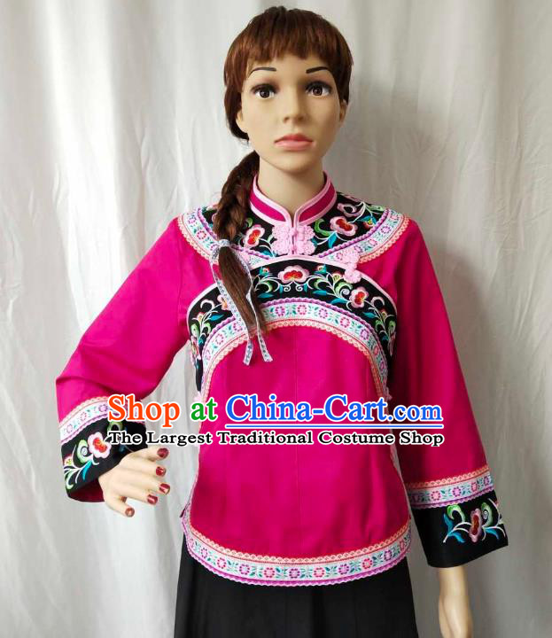 Chinese Puyi Nationality Blouse Clothing Bouyei Minority Embroidered Rosy Shirt Guizhou Ethnic Woman Upper Outer Garment