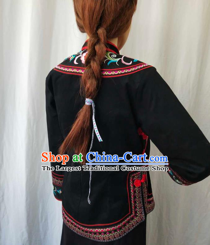 Chinese Guizhou Minority Embroidered Peony Black Shirt Clothing Puyi Nationality Blouse Bouyei Ethnic Woman Top Garment