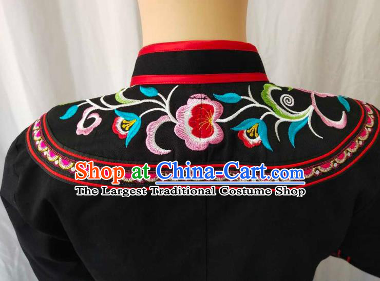 Chinese Guizhou Minority Embroidered Peony Black Shirt Clothing Puyi Nationality Blouse Bouyei Ethnic Woman Top Garment