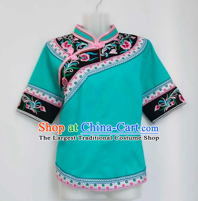 Chinese Ethnic Woman Top Garment Guizhou Bouyei Minority Embroidered Green Shirt Clothing Puyi Nationality Blouse