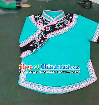 Chinese Ethnic Woman Top Garment Guizhou Bouyei Minority Embroidered Green Shirt Clothing Puyi Nationality Blouse
