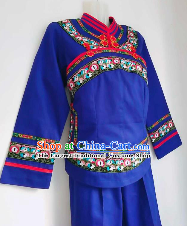 Chinese Yunnan Bouyei Ethnic Female Clothing Traditional Puyi Nationality Embroidered Blue Blouse and Pants Suits