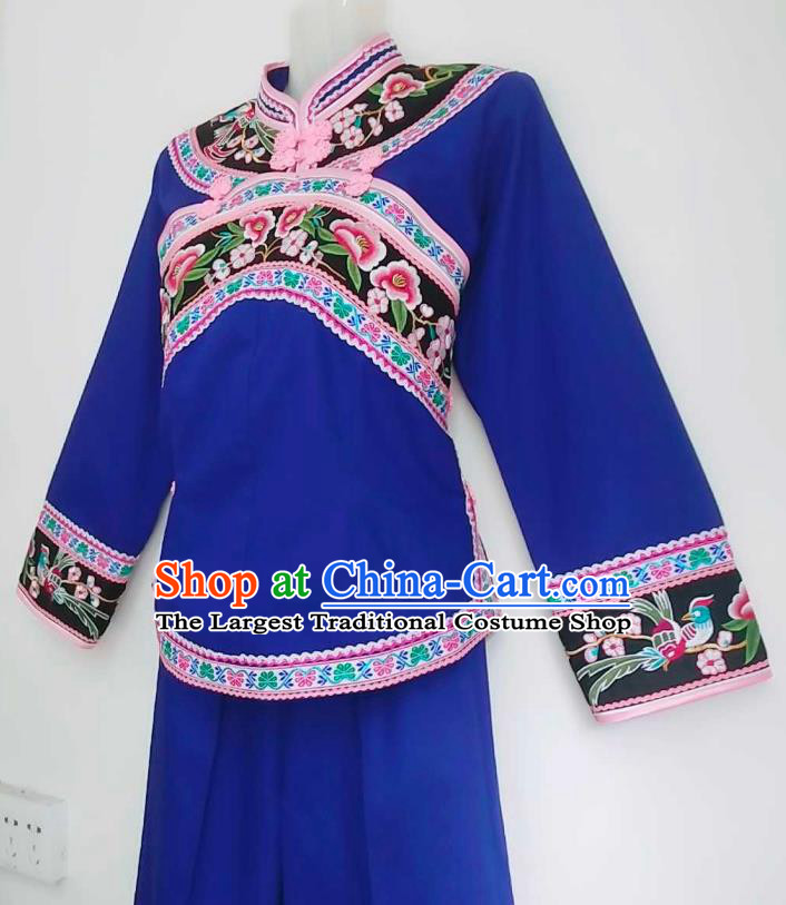 Chinese Traditional Puyi Nationality Embroidered Blue Blouse and Pants Suits Yunnan Bouyei Ethnic Female Clothing