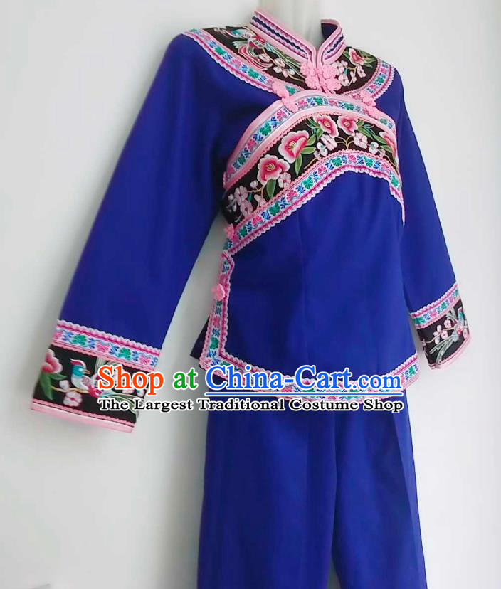 Chinese Traditional Puyi Nationality Embroidered Blue Blouse and Pants Suits Yunnan Bouyei Ethnic Female Clothing