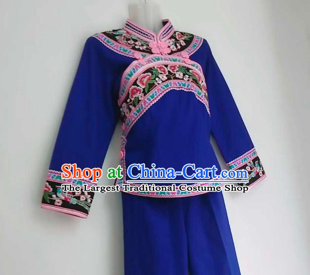 Chinese Traditional Puyi Nationality Embroidered Blue Blouse and Pants Suits Yunnan Bouyei Ethnic Female Clothing