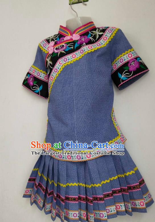 China Traditional Puyi Ethnic Children Dance Clothing Bouyei Nationality Girl Outfits Blouse and Skirt