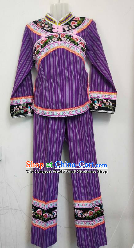 Chinese Yunnan Bouyei Ethnic Female Clothing Traditional Puyi Nationality Embroidered Lilac Blouse and Pants Suits