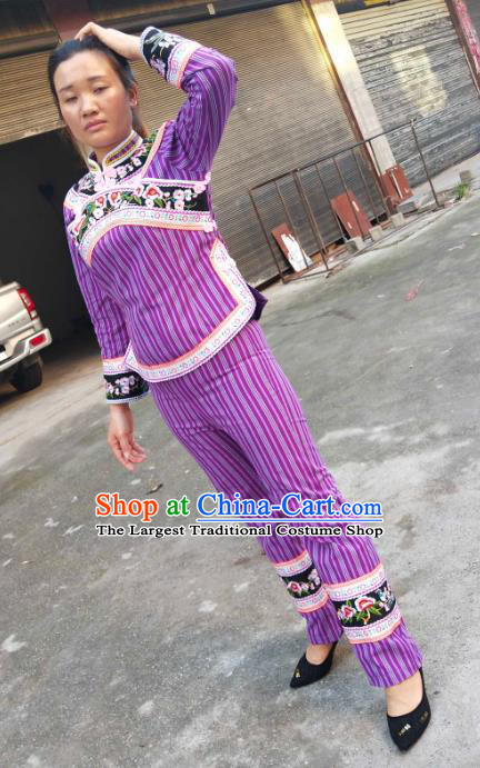 Chinese Yunnan Bouyei Ethnic Female Clothing Traditional Puyi Nationality Embroidered Lilac Blouse and Pants Suits