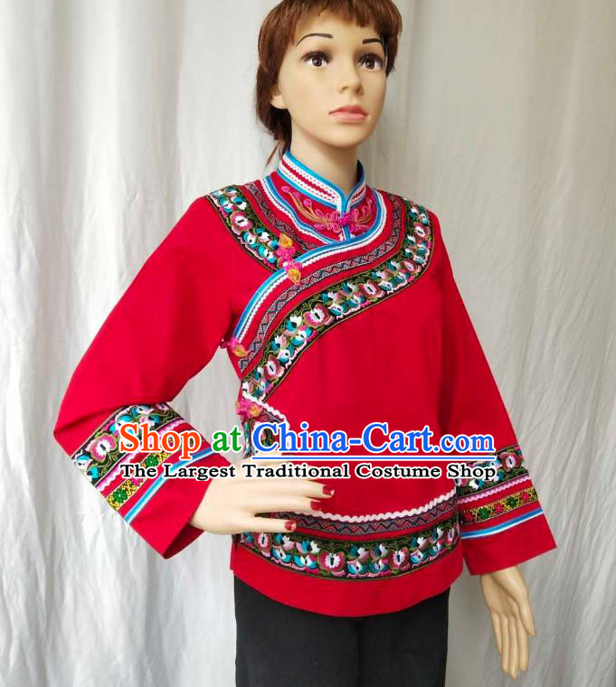 Chinese Guizhou Ethnic Woman Upper Outer Garment Puyi Nationality Blouse Clothing Bouyei Minority Embroidered Red Shirt