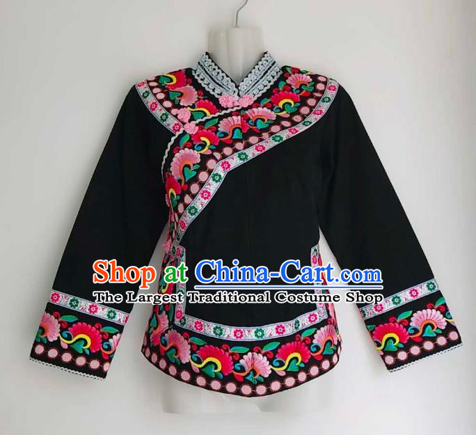 Chinese Guizhou Ethnic Top Garment Bouyei Minority Embroidered Shirt Clothing Puyi Nationality Black Blouse