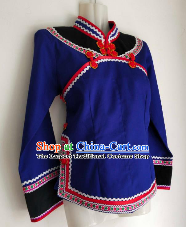 Chinese Guizhou Minority Ethnic Shirt Clothing Bouyei Nationality Blue Blouse Woman Tang Suit Top Garment