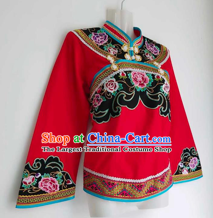 Chinese Guizhou Ethnic Folk Dance Clothing Traditional Bouyei Nationality Embroidered Red Blouse and Pants Suits