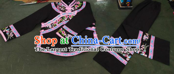 Chinese Traditional Bouyei Nationality Embroidered Black Blouse and Pants Suits Guizhou Ethnic Folk Dance Clothing