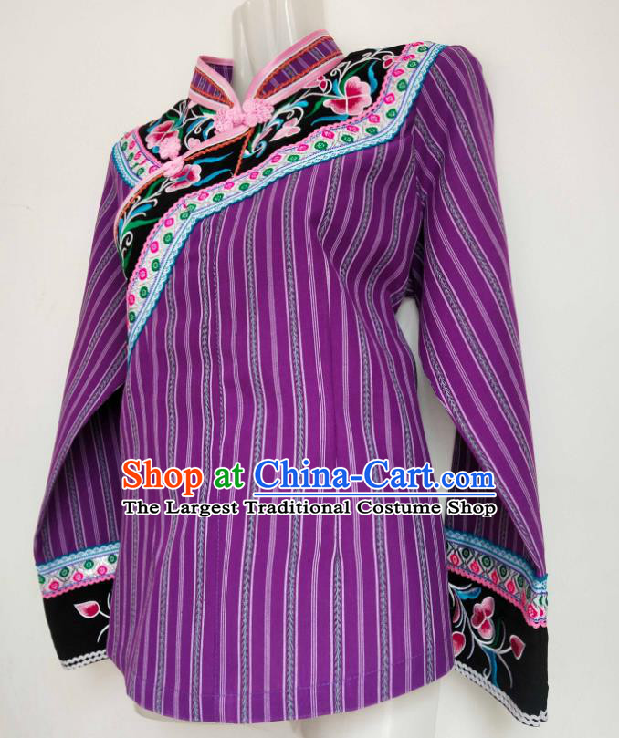 Chinese Woman Tang Suit Top Garment Guizhou Minority Ethnic Shirt Clothing Bouyei Nationality Purple Blouse