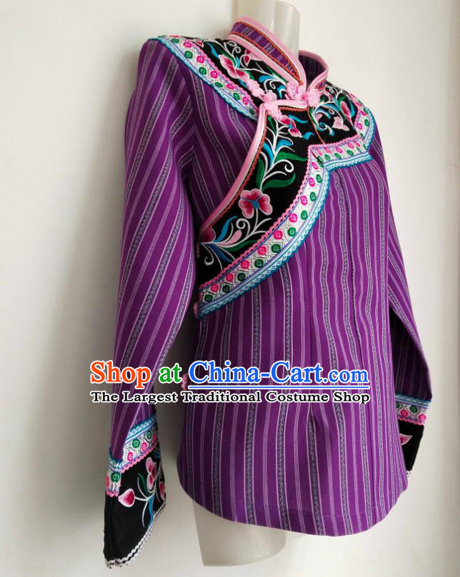 Chinese Woman Tang Suit Top Garment Guizhou Minority Ethnic Shirt Clothing Bouyei Nationality Purple Blouse