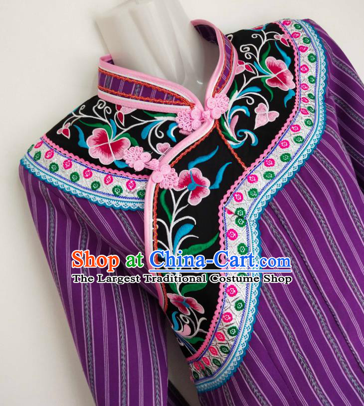 Chinese Woman Tang Suit Top Garment Guizhou Minority Ethnic Shirt Clothing Bouyei Nationality Purple Blouse