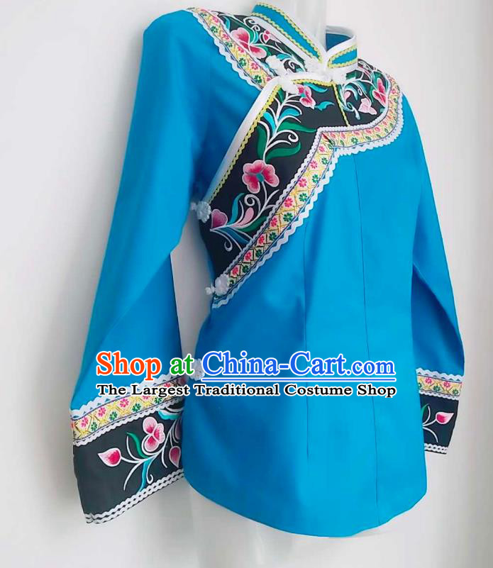 Chinese Bouyei Nationality Blue Blouse Woman Top Garment Guizhou Minority Ethnic Embroidered Shirt Clothing