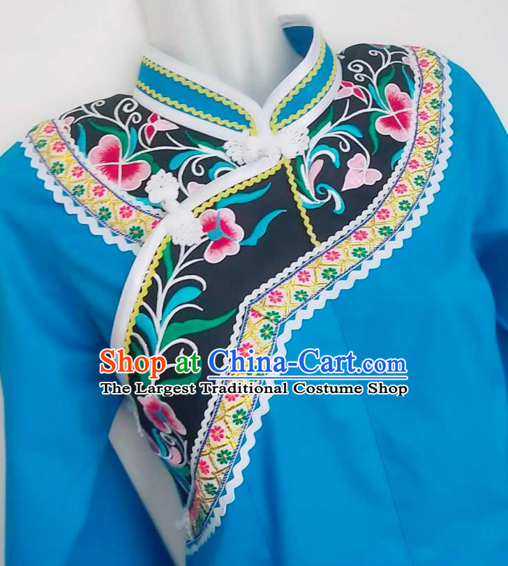 Chinese Bouyei Nationality Blue Blouse Woman Top Garment Guizhou Minority Ethnic Embroidered Shirt Clothing