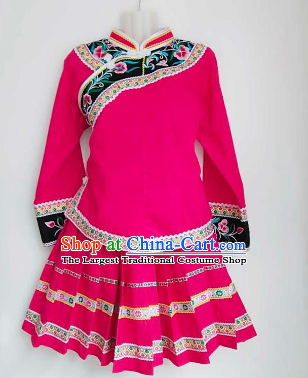 Chinese Traditional Guizhou Ethnic Folk Dance Suits Clothing Bouyei Nationality Embroidered Rosy Blouse and Skirt