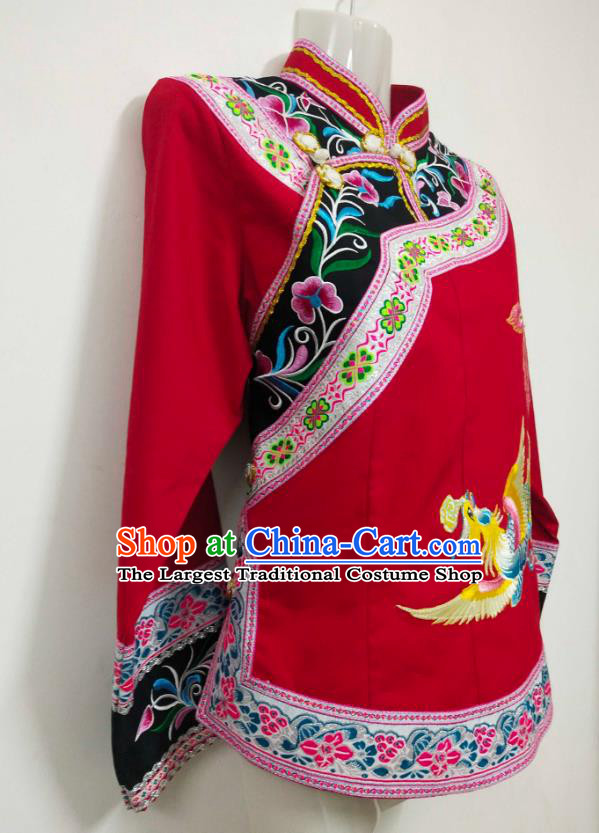 Chinese Bride Embroidered Phoenix Red Top Garment Guizhou Ethnic Clothing Bouyei Nationality Wedding Blouse
