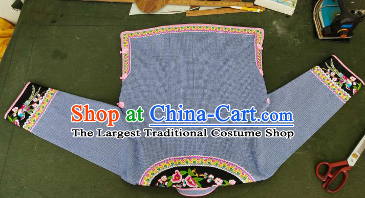 Chinese Bouyei Nationality Folk Dance Blouse Embroidered Blue Top Garment Guizhou Ethnic Female Clothing