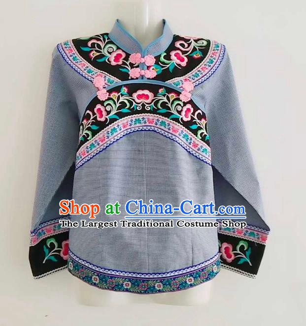 Chinese Guizhou Ethnic Dance Clothing Bouyei Nationality Embroidered Grey Blouse Top Garment