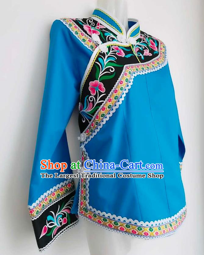 Chinese Ethnic Stage Performance Top Wear Bouyei Nationality Embroidered Blue Blouse Guizhou Minority Garment Clothing