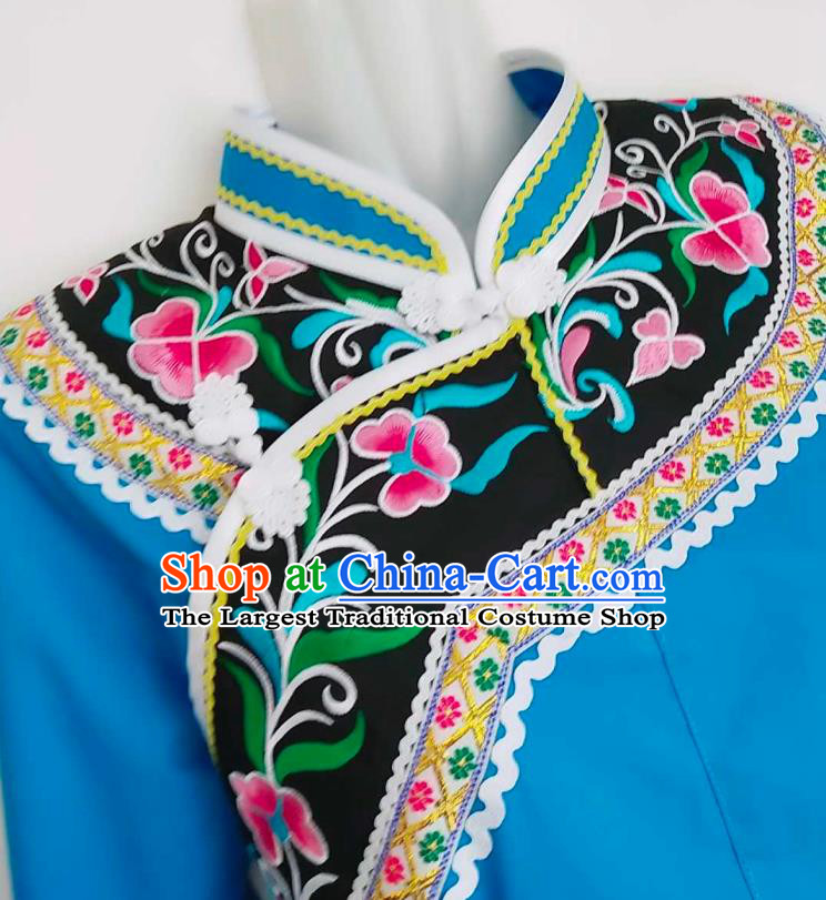 Chinese Ethnic Stage Performance Top Wear Bouyei Nationality Embroidered Blue Blouse Guizhou Minority Garment Clothing