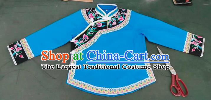 Chinese Ethnic Stage Performance Top Wear Bouyei Nationality Embroidered Blue Blouse Guizhou Minority Garment Clothing