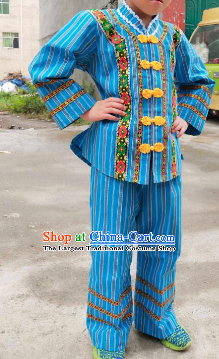 China Bouyei Nationality Boys Outfits Blue Blouse and Pants Traditional Puyi Ethnic Children Dance Clothing