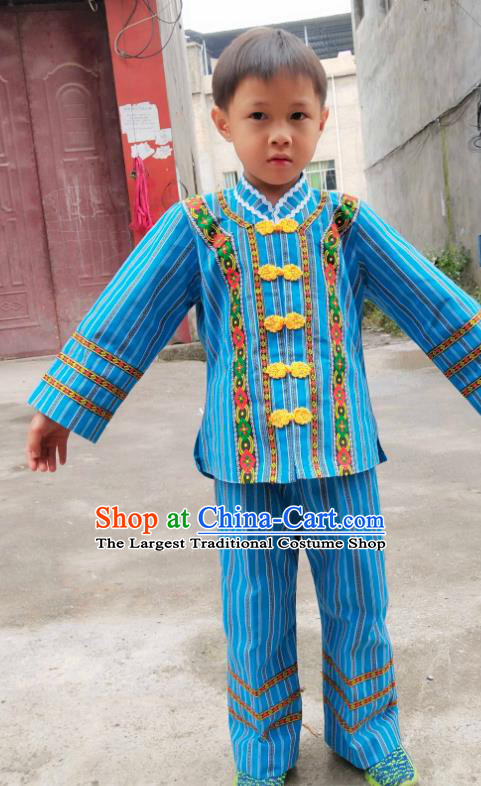 China Bouyei Nationality Boys Outfits Blue Blouse and Pants Traditional Puyi Ethnic Children Dance Clothing