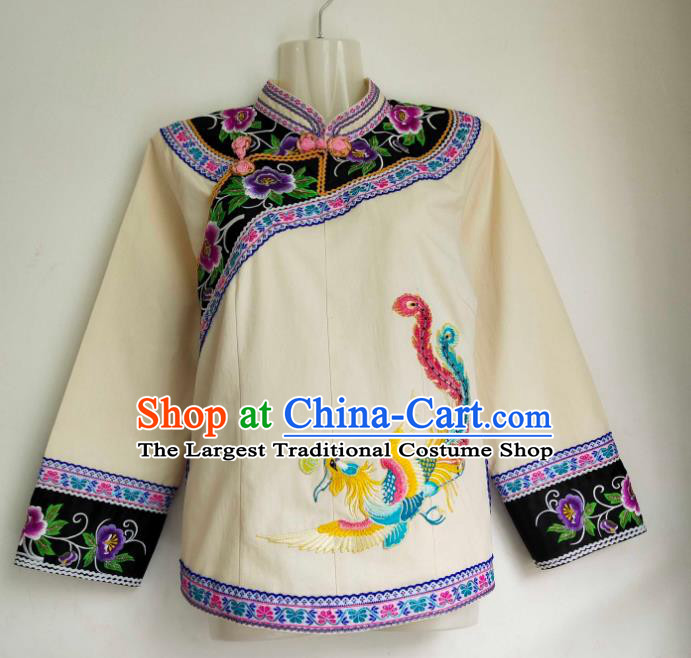 Chinese Bouyei Nationality Embroidered Phoenix Beige Blouse Ethnic Garment Guizhou Minority Top Wear
