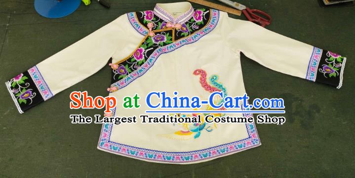 Chinese Bouyei Nationality Embroidered Phoenix Beige Blouse Ethnic Garment Guizhou Minority Top Wear